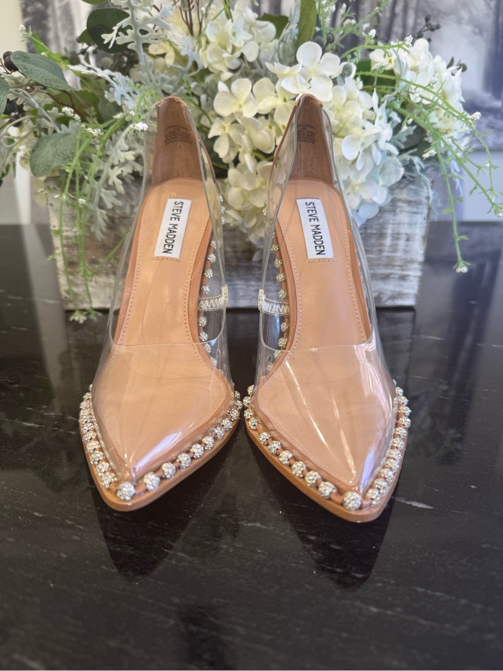 Steve Madden Nude & Clear Pointed Toe Pumps with Crystal Trim